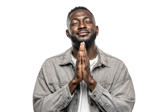 Portrait of a peaceful man with hands together in prayer gesture and serene facial expression isolated on transparent background