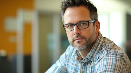 Obraz premium A man with glasses and a beard, wearing a plaid shirt, sitting in a modern office with a yellow wall.