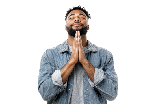 Portrait of a peaceful man with hands together in prayer gesture and serene facial expression isolated on transparent background