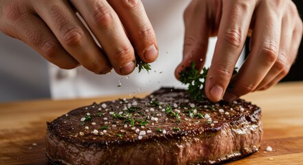 Chef seasoning a delicious cooked beef steak on a wooden cutting board close up view of food preparation detail shot for commercial use