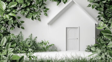 A white house with a door surrounded by green plants and leaves.