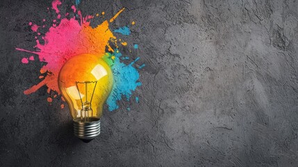 A light bulb with colorful paint splatters on a concrete background. The concept of creativity and innovation is highlighted.
