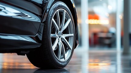A black car parked in a showroom with a shiny, polished exterior.