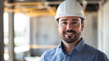 A man wearing a white hard hat stands in a construction site, smiling at the camera.