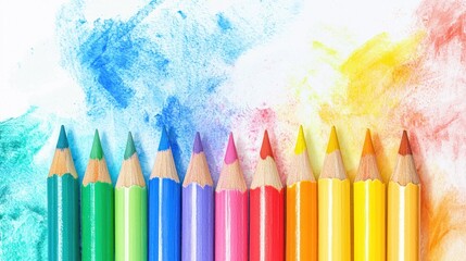 A row of colorful pencils against a watercolor background.