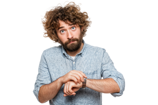 Curly haired man looking at watch with impatient expression isolated on transparent background