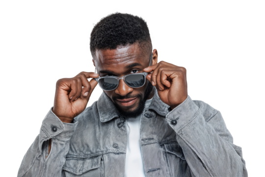 Cool confident man posing with sunglasses while looking at camera isolated on transparent background