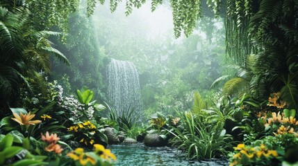 A serene tropical rainforest with a waterfall, lush greenery, and vibrant flowers.