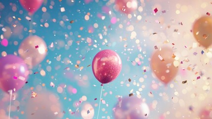Pink and purple balloons floating against a blue sky with confetti.