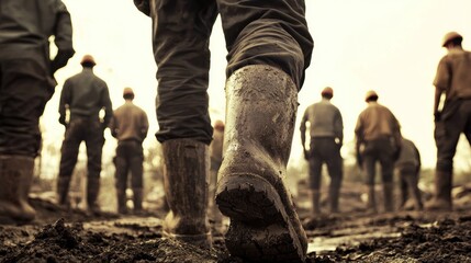 A group of men in muddy boots walking through a muddy field. The scene is set in a rural or industrial environment with a cloudy sky in the background.