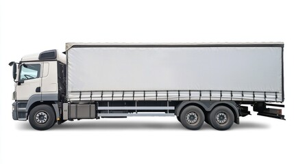 A white and gray semi-truck with a white tarp on its side, parked on a white background.