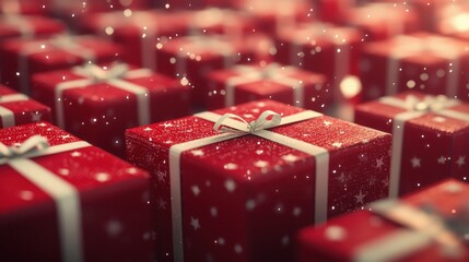 A close-up of a red gift box with a white ribbon and bow, surrounded by other identical boxes, against a blurred background with a bokeh effect.