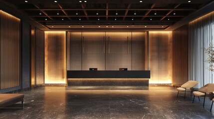 A modern, minimalist lobby with a wooden paneling and a sleek black reception desk.