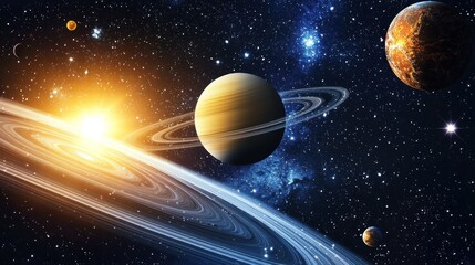A vibrant space scene with planets, stars, and a sun in the background. The planets are Saturn, Jupiter, and Mars, with rings and moons visible.