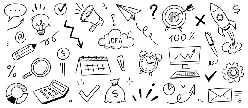 Business sketch icon money and idea set. Hand drawn sketch elements for team, goal, startup and success. Business icon chart, office clock, rocket progress job concept. Vector illustration