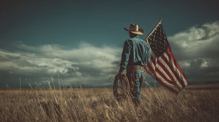 , Young American Cowboy with US Flag,4 July , USA