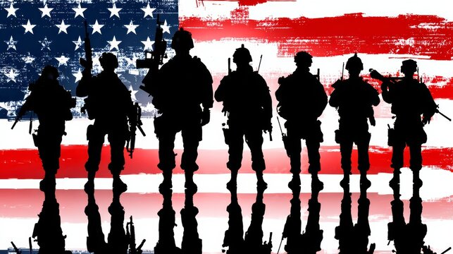  Vector illustration set of armed soldier silhouettes standing before the American flag, symbolizing U.S. military strength, defense, and geopolitical role on a global scale. Transparent b4 July , USA