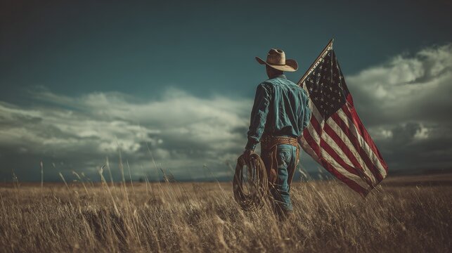 , Young American Cowboy with US Flag,4 July , USA