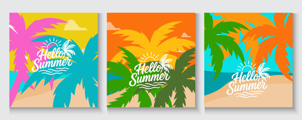 Hello summer poster, cards, banner with colourful vector design for social media stories design templates, nautre leaves and beach Summer holiday cover background with copy space for ads promo, web.