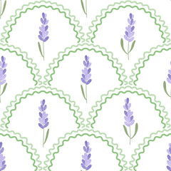 Subtle lavender seamless pattern. Scallop half circle geometrical herbal ornament. Art nouveau stylized hand drawn small lavander flowers and leaves on white background. Repeat allover backdrop
