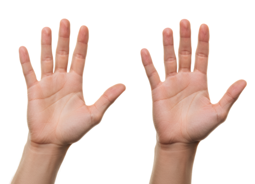 A close-up of a human hand waving hello, palm facing front