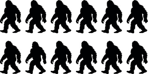 Collection of bigfoot sasquatch walking silhouettes in a repeating pattern silhouette