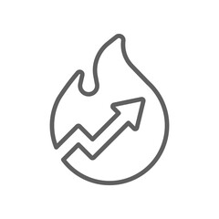 Trending Now Editable Stroke Icon. Outline Fire and Up Arrow Icon Representing Viral Trend, Hot Growth, and Popular Data in Thin Line Style for Business, Marketing, and Digital Media