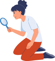 Woman Kneeling and Using Magnifying Glass

