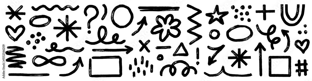 Poster abstract shape brush paint set. hand drawn crayon marker stroke abstract shape arrow, blob, line tex