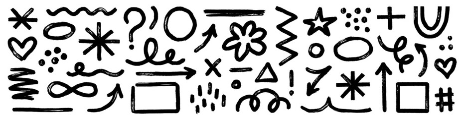 Abstract shape brush paint set. Hand drawn crayon marker stroke abstract shape arrow, blob, line texture. Marker doodle arrow, geometric asterisk icons in color grunge background. Vector illustration