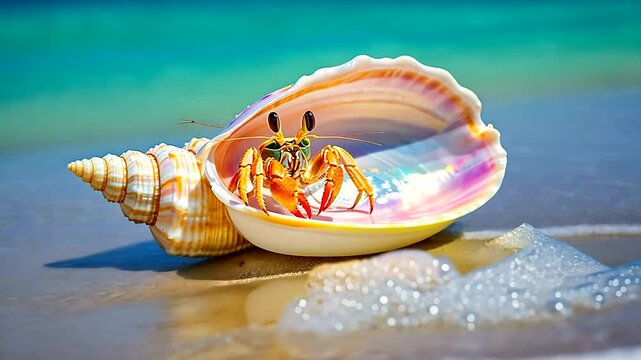A vibrant hermit crab emerging from a colorful shell on a sandy beach with ocean waves in the background