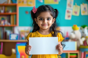 Delightful Indian girl child holding a white paper in a playroom filled with books and toys, bright and warm color palette