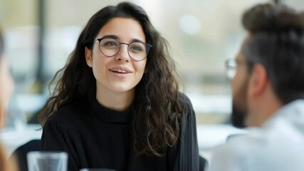 Smiling woman with glasses and long curly hair enjoys happy, relaxed conversation with man in bright indoor cafe, expressing friendship and confidence in modern setting - Powered by Adobe