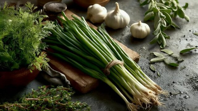 Fresh green onions with herbs and garlic