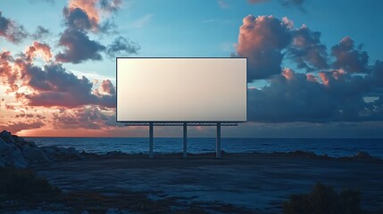 Seaside billboard displays a blank canvas near calm ocean water during a cloudy sunset