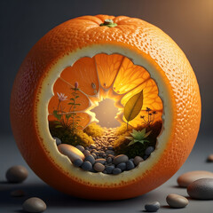 Miniature zen garden inside a cut orange with smooth stones and delicate plants