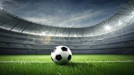 A vibrant soccer stadium scene with a ball on the lush green field, bright stadium lights illuminating the atmosphere - Powered by Adobe