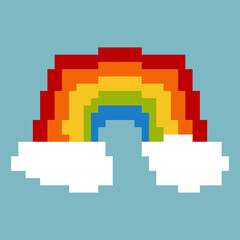 pixel art rainbow with a white cloud. The rainbow is bright and colorful, and the cloud is fluffy and white. design for all business