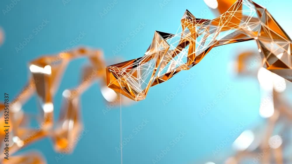 Poster Abstract Golden Polygonal Structures Flowing Across a Blue Gradient Background with Blurred Highlights