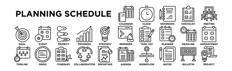 planning schedule icon set. Editable Stroke Icon Collection. Calendar, Clock, Notebook, Checklist, Meeting