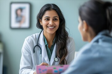 High-definition stock photo of an experienced Indian nutritionist teaching a patient using a colorful dietary guide