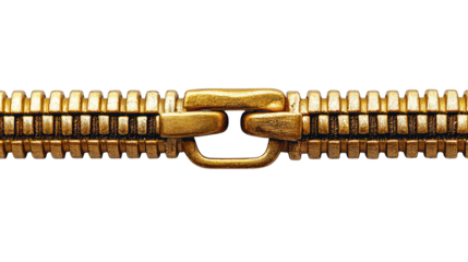 Close-up of interlocking gold zipper on black