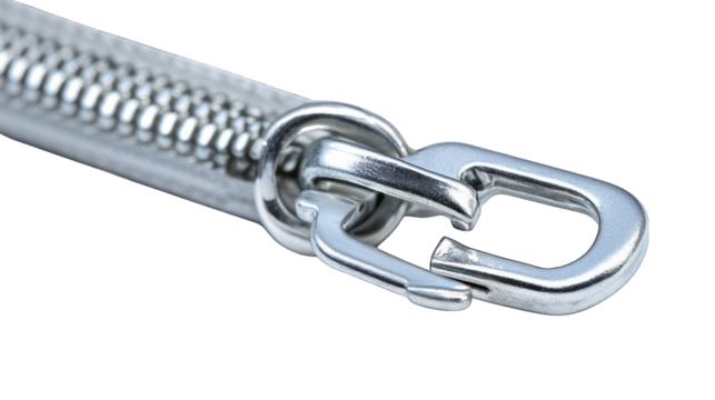 Close-up of silver zipper pull and teeth, dark background