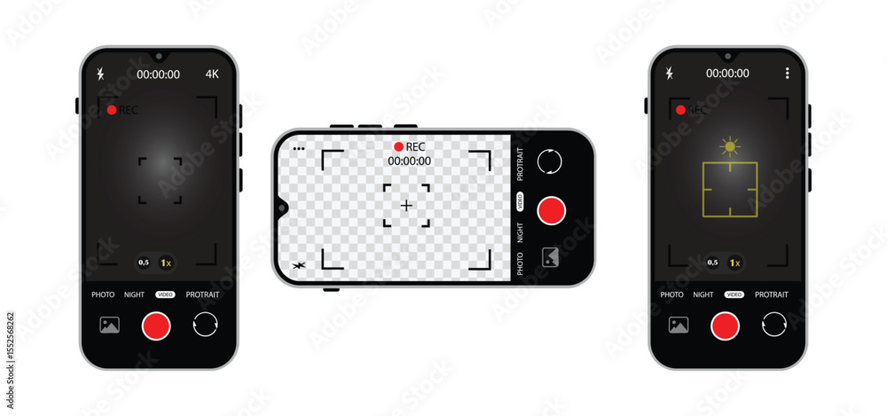 Poster smartphone camera interface vector – viewfinder, grid, focus & record buttons for photo & video | mo