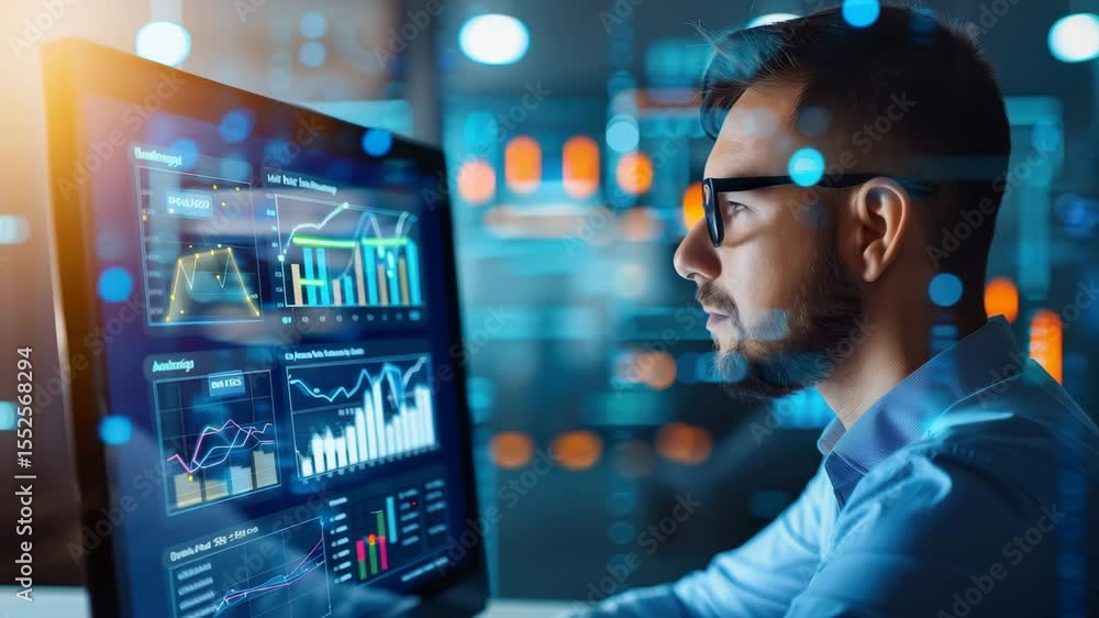 Poster analyzing finance and business data on computer screen with digital chart, graph, and futuristic tec