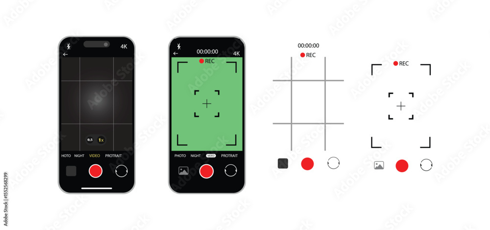 Poster smartphone camera interface vector – viewfinder, grid, focus & record buttons for photo & video | mo