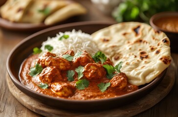 High-resolution professional photo of Chicken Tikka Masala beautifully plated with aromatic spices and herbs