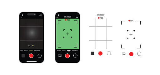 Smartphone Camera Interface Vector – Viewfinder, Grid, Focus & Record Buttons for Photo & Video | Mobile App UI Screen Icons.