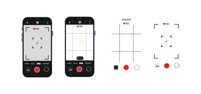 Smartphone Camera Interface Vector &ndash; Viewfinder, Grid, Focus & Record Buttons for Photo & Video | Mobile App UI Screen Icons.