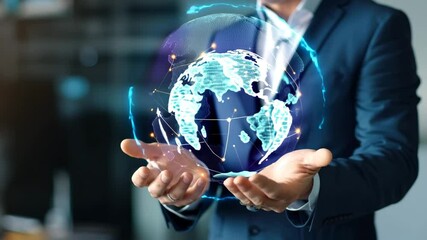 Businessman holding digital globe technology innovation global network futuristic virtual reality connection data modern professional success leadership communication growth opportunity strategy - Powered by Adobe